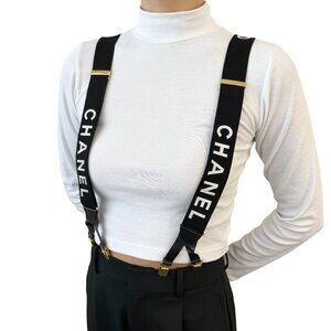 CHANEL Vintage CC Logo Letter Suspender Belt Black Gold Cotton Leather [105530]